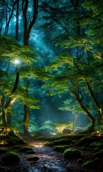 Moonlit Forest Glade. Amidst ancient trees, a moonbeam illuminates a hidden glade. Dew-kissed mushrooms glow softly, and fireflies dance in the night. Ethereal beauty of this mystical meeting place.