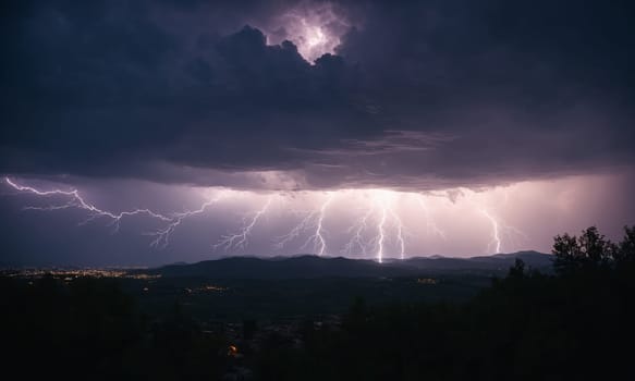 Lightning in the night sky. Night thunderstorm.