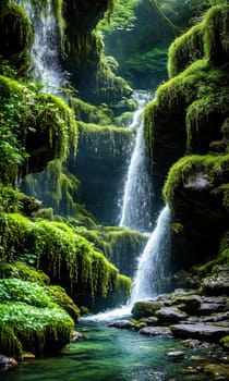 Enchanted Waterfall. A waterfall cascades down moss-covered rocks, revealing a secret grotto behind its veil. Crystal-clear water sparkles with hints of magic, and colorful flowers bloom along the banks.