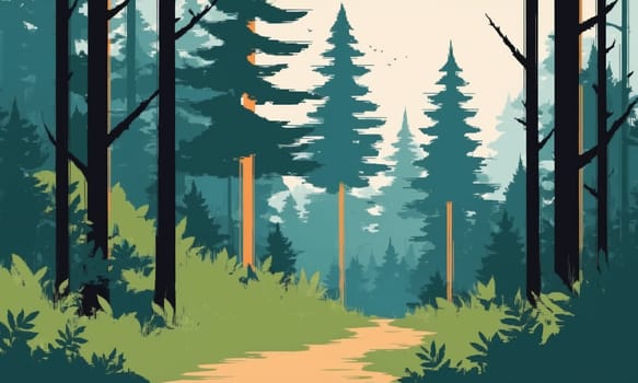 Forest landscape with road in the forest. illustration in flat style