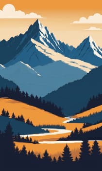 Mountain landscape with river, forest and mountains. illustration in flat style