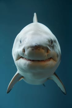 a white shark is smiling and looking at the camera . High quality