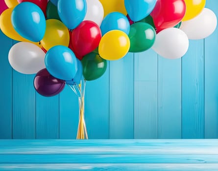 Empty wooden table on top over colorful balloons background