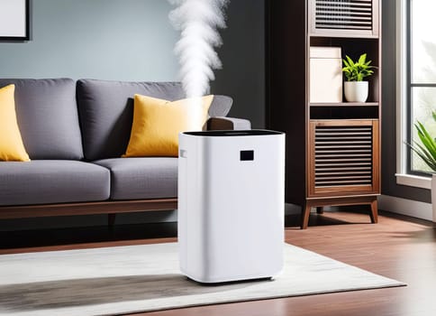 Air purifier in cozy living room for filter and cleaning removing dust for fresh air and healthy life,Air Pollution Concept