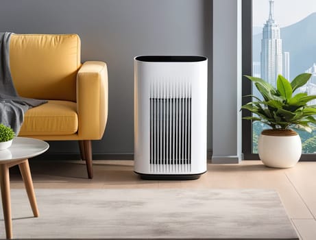 Smart air purifier in a living room. Air Pollution Concept