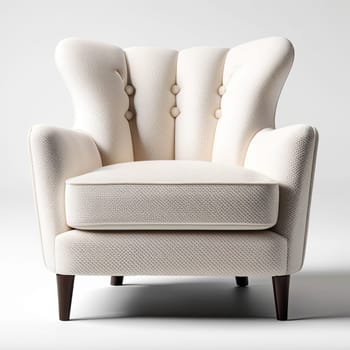 fabric armchair with wooden legs on white background, front view. modern furniture in minimal style