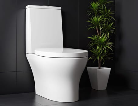 Modern bathroom with a white toilet and plant. Hygiene concept.