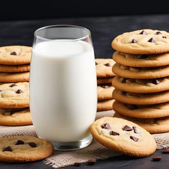 glass of milk and tasty cookies on table