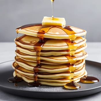 fresh classic pancake stacked in stack with butter and syrup. tasty breakfast