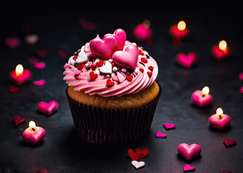 heart cupcake on dark background. sweet and delicious pastries for the Valentine's Day holiday