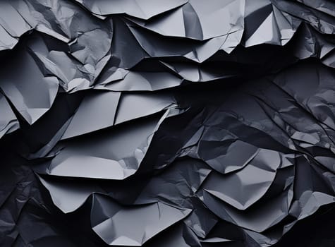 Texture of black crumpled paper. Dark paper background with bends. A sheet of wrinkled paper.