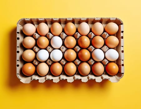 Top view package of chicken eggs on yellow background. Preparing for Easter. 