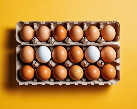 Top view on organic chicken eggs in the carton.