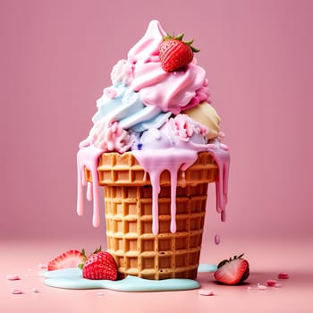 Ice cream spilling from the waffle cone on background. Minimalistic summer food concept.