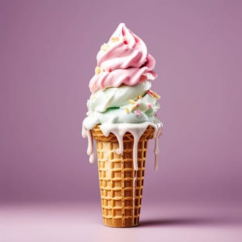 Melting ice cream and wafer cone on background.