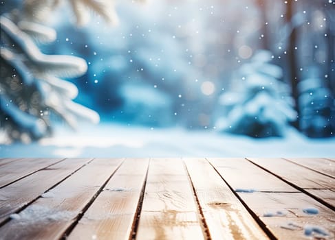 Magical winter scene.  Snowy christmas  background, Wood table top on shiny bokeh.