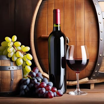 Glass of red wine and bottle with grapes on table. 