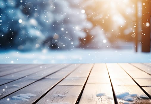 Beautiful winter scene with blurred background. Wood table top on shiny bokeh.