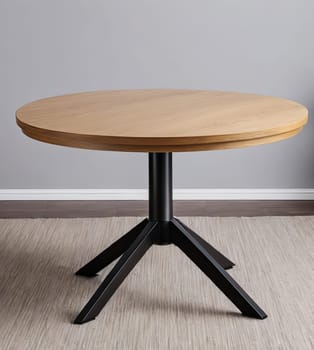 Empty beautiful round wood table with black legs on interior