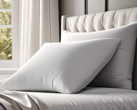 Soft pillows piled on the bed of hotel room