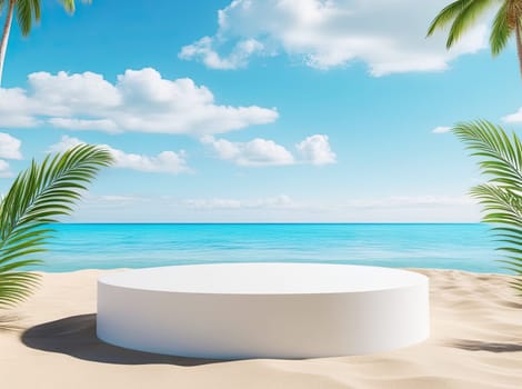 Podium with copy space for product display presentation on beach with blue sky and white clouds. Tropical summer and vacation concept. 