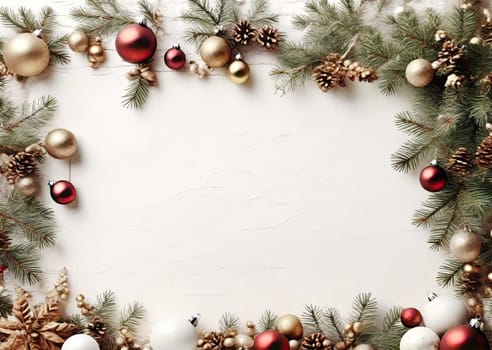 Christmas composition. Christmas fir branches, baubles on white background. Flat lay, top view