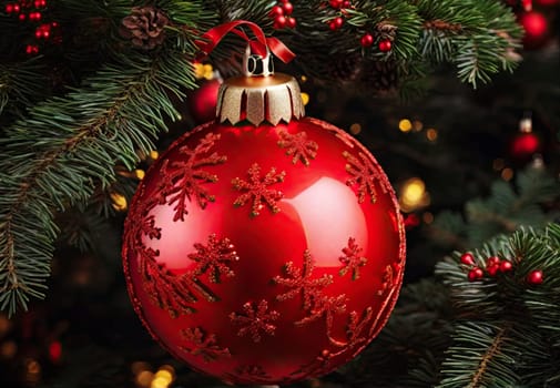 Close up of decorations on a Christmas tree with red ball.