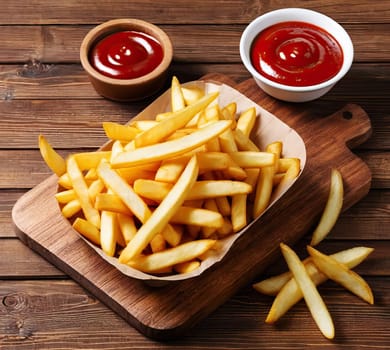 Plate with tasty french fries and ketchup on wooden board