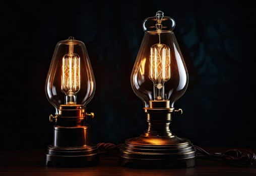 Two stylish loft style lamps on table.  glowing lightbulbs