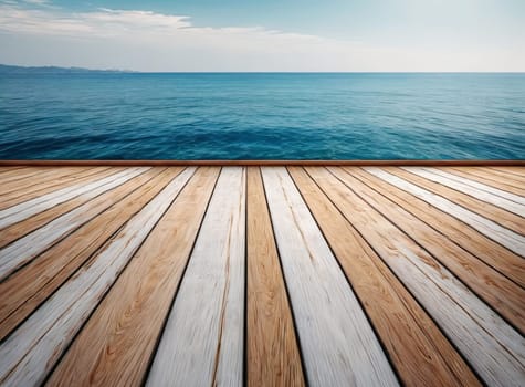 Wooden floor with blue sea and sky background. space for product or object presentation