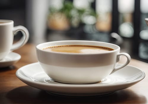 Hot black coffee in the cup with saucer