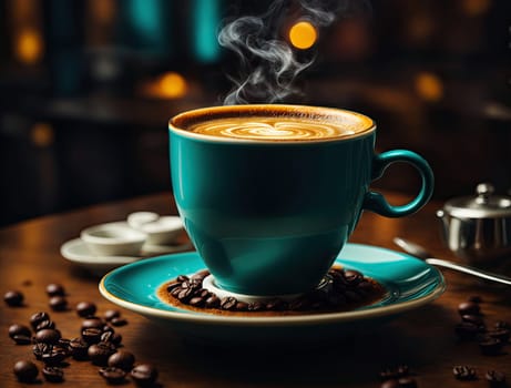 Coffee cup and coffee beans on wooden table