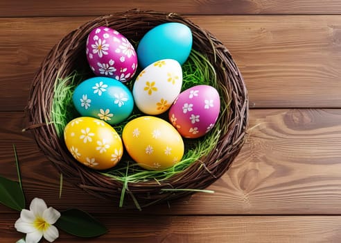 group of festive Easter eggs on wooden background