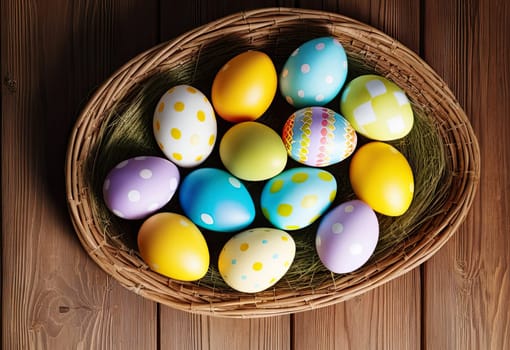 group of painted Easter eggs on a vintage wooden background