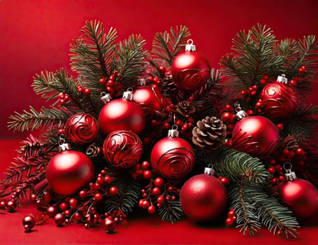 Red Christmas background with fir branches decorations .