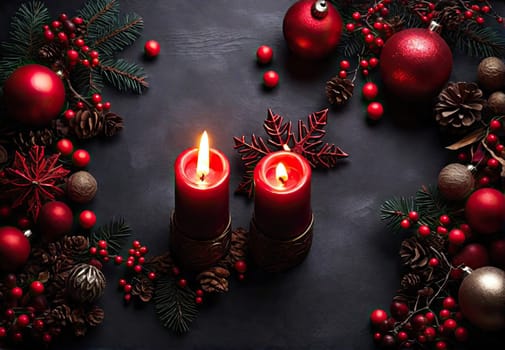 Beautiful christmas baubles on dark black background. Flat lay