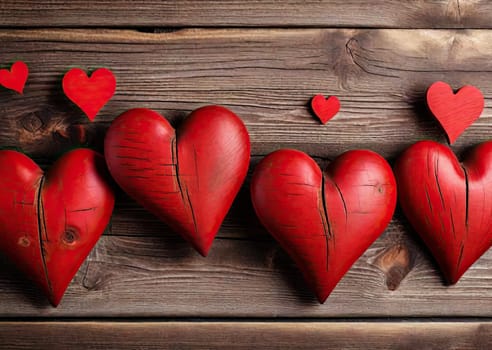 Red wooden hearts on dark wooden background.