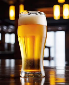 a glass of fresh beer with foam on the table in the pub