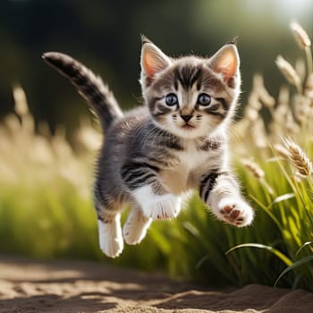 Funny cute kitten jumping in the meadow.  adorable cat outdoors