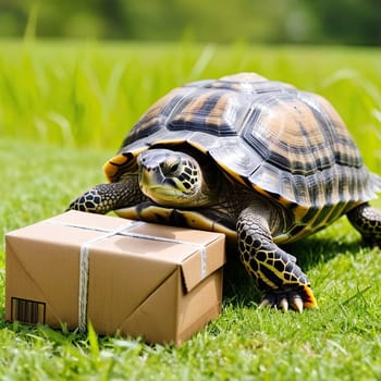 Turtle with a package on grass. cargo delivery concept
