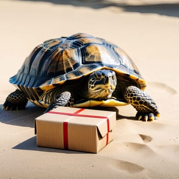Turtle delivering shipping cardboard box in desert