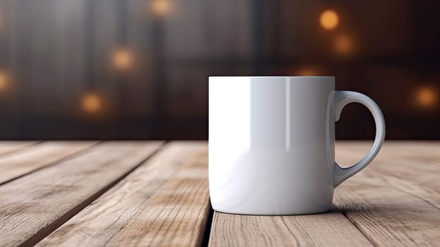 White coffee mug on wooden background. Blank drink cup on product shelf for montage you design. Generative AI