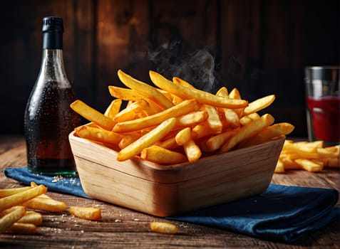 Homemade potato french fries on rustic wooden table