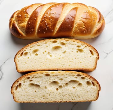 freshly baked bread on background, top view. natural organic food