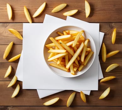 Top view of long cut  crunchy french fries on wooden background