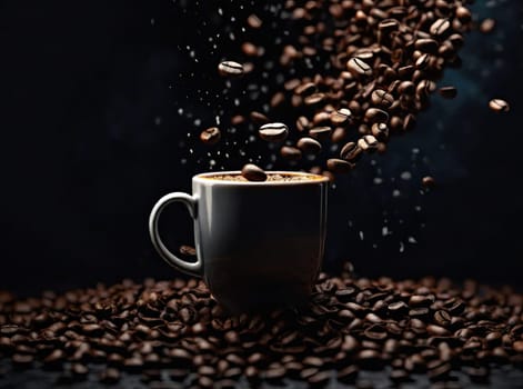 Coffee Cup and Beans on dark background