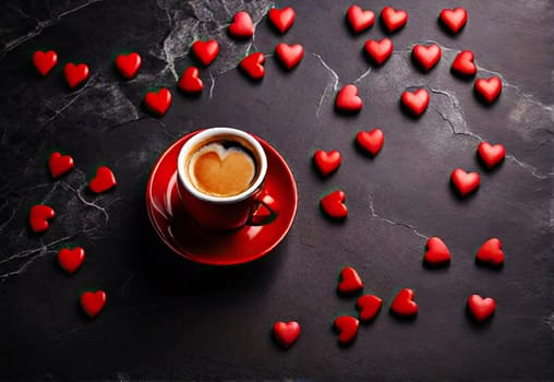 Cup of fresh coffee with heart sign on dark background. 14 february 