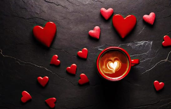  coffee mug with a heart and a lot of hearts next to it on a dark background. valentine's day concept