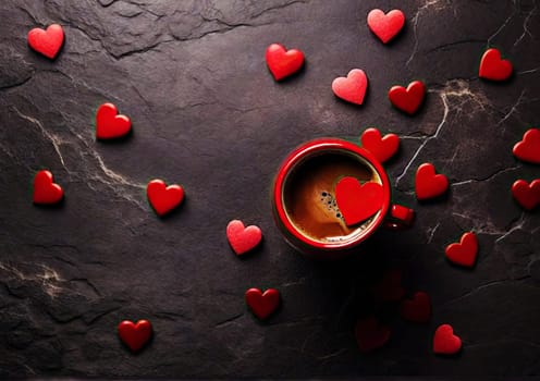 coffee mug with a red heart on a dark background. valentine's day concept