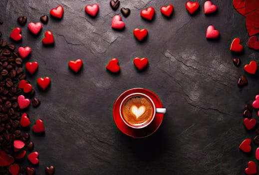 heart shaped cream art in a single coffee cup and red hearts scattered on a dark background